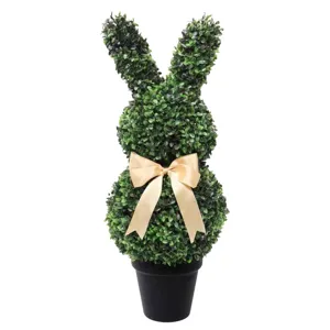 Artificial Easter bunny topiary plant in black pot with elegant gold bow decoration for home