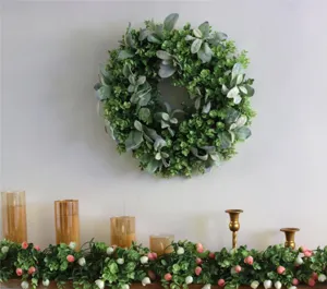 Detailed interior view featuring a green money leaf wreath and matching flower garland