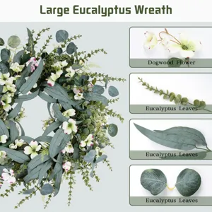 Detail eines künstlichen Eukalyptuskranzes mit weißen Hartriegelblüten und Blättern.