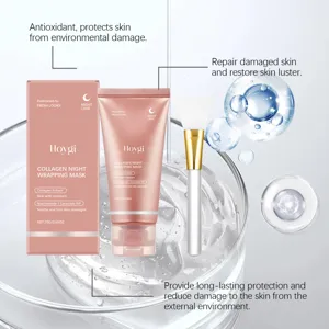 HOYGI Kollagen Nacht Wickelmaske Detailansicht mit Produkt-Tube, Box und Applikator.