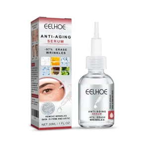 Dettaglio ravvicinato della bottiglia di siero viso anti-età EELHOE con contagocce.