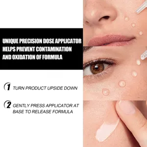 Dettaglio siero viso con contagocce di precisione e applicazione pulita sulla pelle.