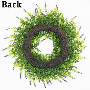 Detailed back view of artificial lavender and boxwood wreath for outdoor home decor