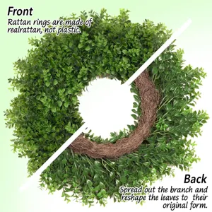 Detail of artificial boxwood wreath showing front foliage and back rattan ring