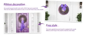 Detail of purple boxwood wreath with versatile ribbon decoration styles for front door.