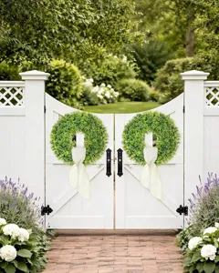 Detailed view of artificial green boxwood wreaths with cream ribbons on a garden gate