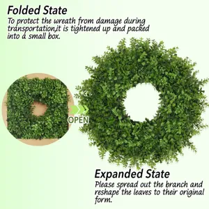Detail showing the artificial greenery wreath in folded and expanded states for shipping.