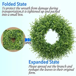 Artificial boxwood wreath shown in folded and expanded states for shipping