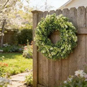 Kunstmatige buxus wildbloemenkrans hangend aan een rustiek houten tuinhek decoratie.