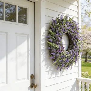 Detailed view of lush lavender wreath with purple flowers and green leaves on white wall.