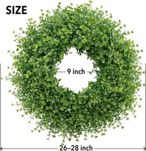 Detail view of artificial boxwood wreath with inner and outer diameter dimensions.