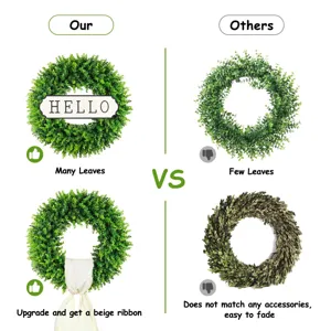 Gedetailleerde vergelijking van onze weelderige eucalyptuskrans met HELLO bord en lint.