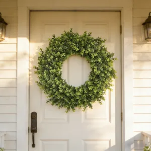 Lush green boxwood wreath hanging on a classic white front door for home decoration