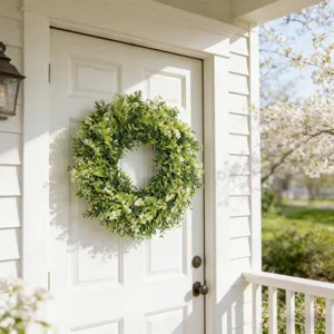 Kunstmatige buxus en wilde bloemen krans aan een witte voordeur decoratie detail