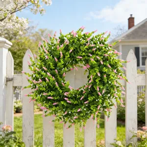 Close-up detail of an artificial lavender and boxwood wreath hanging on a white wooden fence.