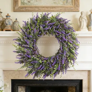 Detailed view of a purple lavender wreath hanging above a classic white fireplace
