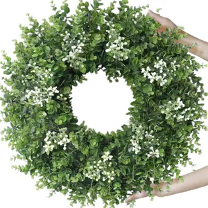 Spring simulation boxwood eucalyptus wreath with white flowers for front door decor