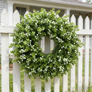 Üppiger künstlicher Eukalyptuskranz mit weißen Blüten an einem weißen Gartenzaun