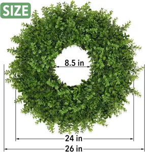 Dimensions of artificial boxwood wreath showing 8.5, 24, and 26 inch diameters