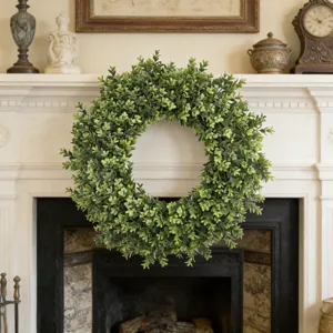 Lush green faux boxwood wreath for front door mantel and indoor home decoration