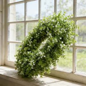 Nahaufnahme eines künstlichen Eukalyptuskranzes mit Schleierkraut auf rustikalem Fensterbrett