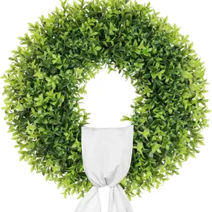 Guirnalda De Boj Artificial Con Lazo Blanco Primavera Verano Guirnalda Para Puerta Delantera Decoración De Pared Exterior Hogar Guirnalda Eucalipto