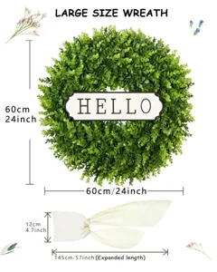 Afmetingen van 24 inch grote kunstmatige groene krans met Hello-bord en crèmekleurig lint
