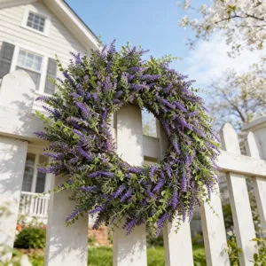 Lush purple lavender wreath displayed on a white picket fence in a bright garden setting.