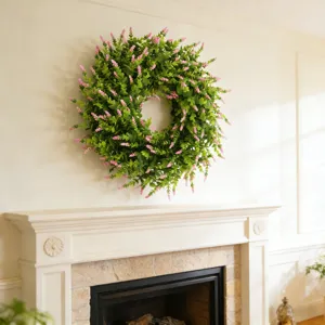 Interior scene showing a realistic lavender wreath hanging above a white fireplace mantel