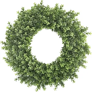 Premium lush artificial green boxwood foliage wreath for front door and wall decoration