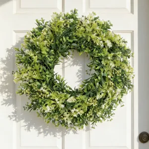 Kunstmatige Buxus Wildbloemenkrans Groene Bladeren Witte Bloemen Ronde Wanddecoratie Voordeurdecoratie Huis Tuin Bruiloftsdecor