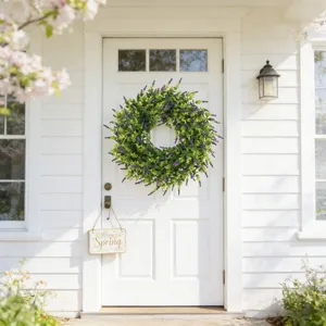Lush artificial lavender and boxwood wreath displayed on a classic white front door