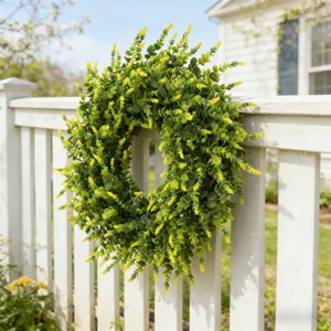 Detailed view of an artificial boxwood and lavender wreath on a white garden fence