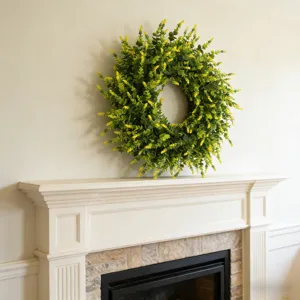 Vibrant artificial lavender and boxwood wreath with yellow flowers for wall decoration.