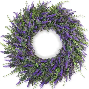 Lush purple artificial lavender wreath for front door decor, spring and summer home decoration