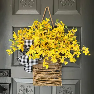 Frühling Künstlicher Gelber Blumenkranz Korb Haustür Deko Geflochtener Korb Mit Karoschleife Für Rustikale Wanddekoration Zuhause