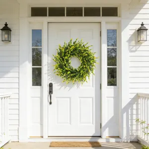 Vibrant yellow lavender and green boxwood wreath hanging on a white front door.