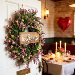 Close-up detail of a lavender floral wreath with a wooden welcome sign on a white door