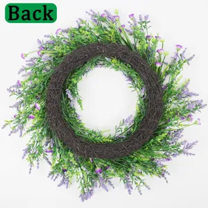 Macro detail showing the back of an artificial lavender flower wreath with vine base.