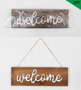 Wooden welcome sign for door decoration with white lettering and jute rope