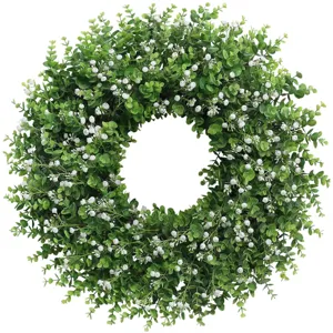 Künstlicher Eukalyptuskranz mit weißen Schleierkrautblumen für die Haustürdeko