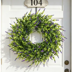 Artificial Lavender Boxwood Wreath Faux Greenery Plastic Plant Wreath For Front Door Outdoor Home Wall Decoration Farmhouse Style