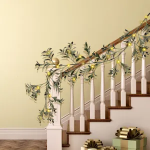 Artificial 180cm olive leaf garland with warm LED lights for staircase decoration