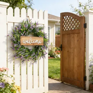 Handcrafted lavender flower wreath with a rustic wooden welcome sign on a white fence