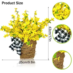 Detaillierte Maße des gelben künstlichen Blumenkorbs mit Karoschleife für die Türdekoration