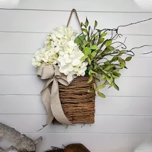 Künstlicher Hortensien Blumenkorb Kranz Rustikale Rattan Türaufhängung Frühling Seide Blumenkranz Für Haus Haustür Wand Veranda Dekoration