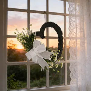 Ghirlanda scura a forma di cuore con fiocco bianco e fiori su una luminosa finestra soleggiata