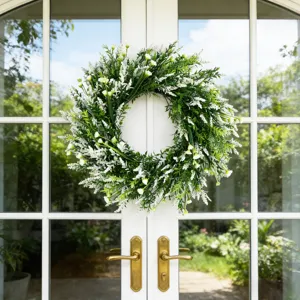 Lush green artificial wreath with white flowers hanging on classic white French doors