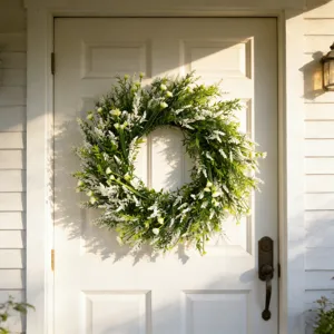 Fresh green and white lavender floral wreath hanging on a classic white wooden door detail