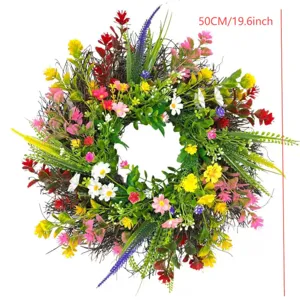 Kleurrijke wilde bloemenkrans van 50 cm voor decoratie van de voordeur in lente en zomer.